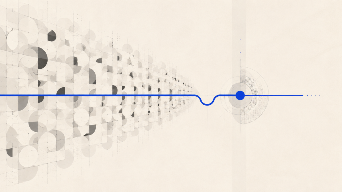 Abstract replicated pale forms contrasted with one deliberate cobalt decision line
