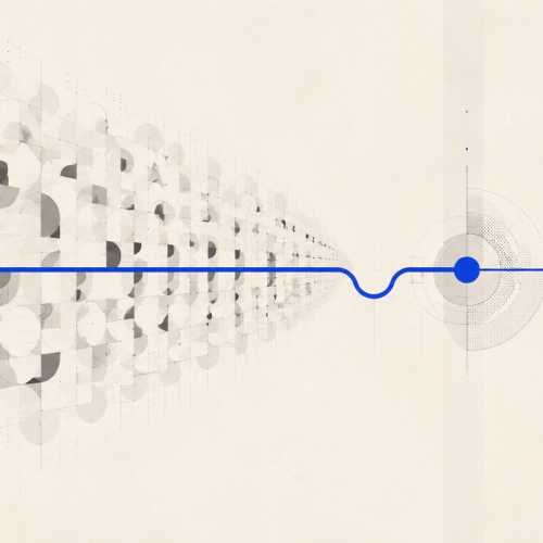 Abstract replicated pale forms contrasted with one deliberate cobalt decision line