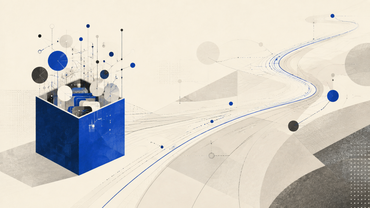 Abstract cobalt record container beside a larger strategic route