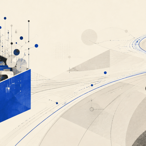 Abstract cobalt record container beside a larger strategic route