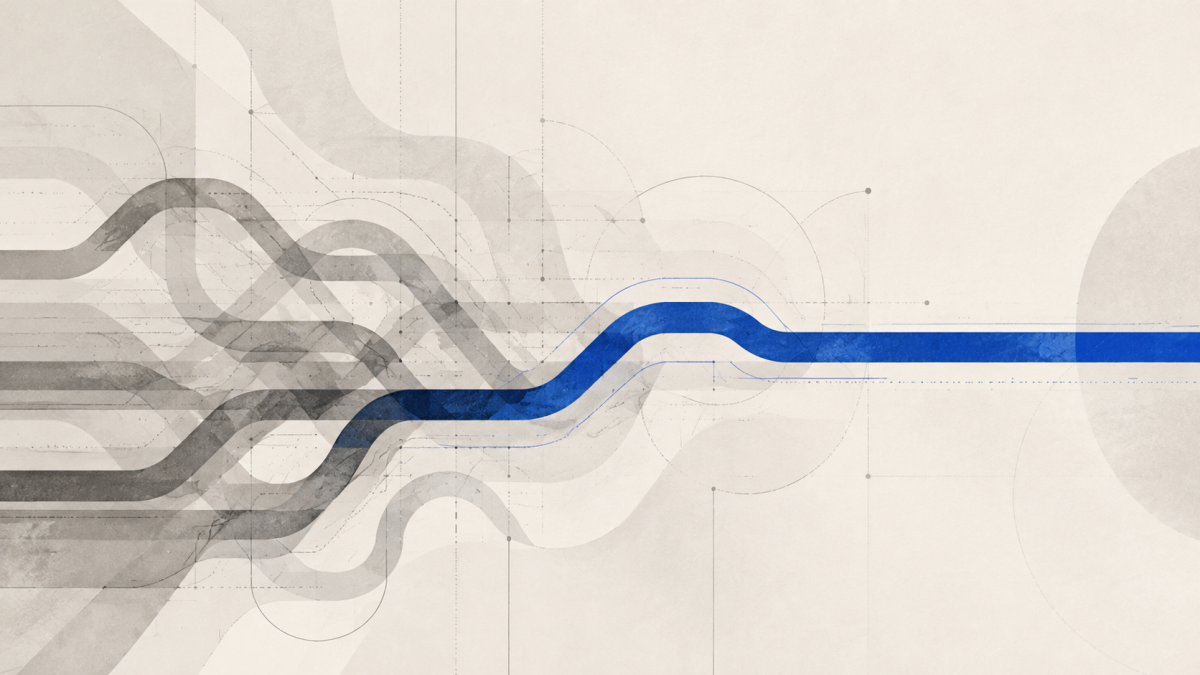 Abstract layered history fading around one durable cobalt path
