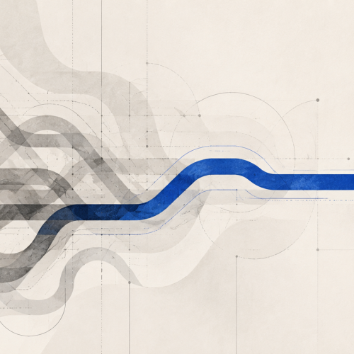 Abstract layered history fading around one durable cobalt path