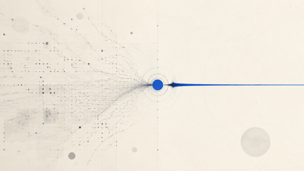 Abstract cobalt paths converging from scattered signals into one precise decision point