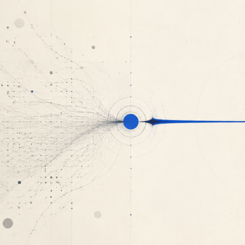Abstract cobalt paths converging from scattered signals into one precise decision point