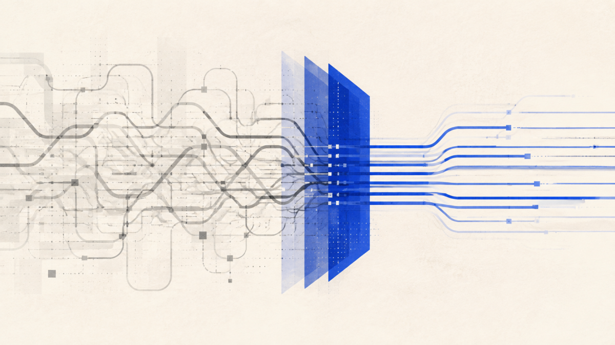 Abstract tangled gray workflows becoming ordered through cobalt layers