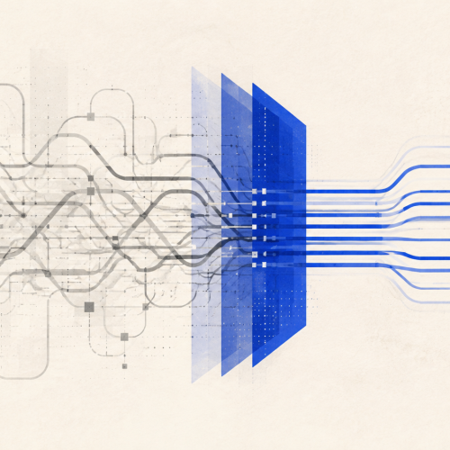 Abstract tangled gray workflows becoming ordered through cobalt layers