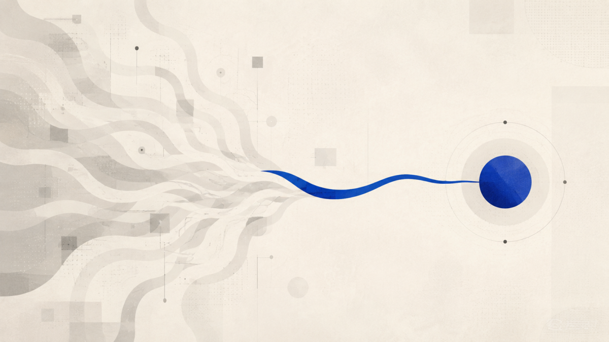 Abstract flood of pale paths dispersing beside one focused cobalt route