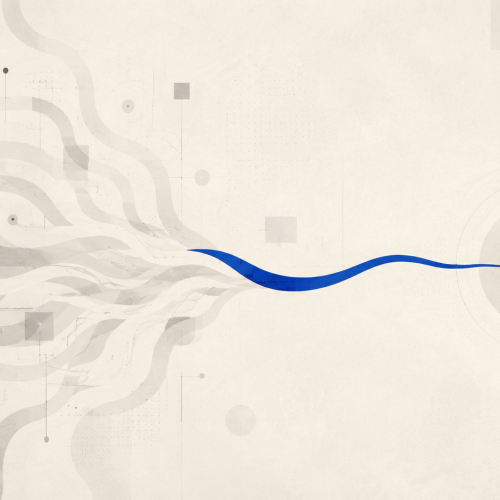 Abstract flood of pale paths dispersing beside one focused cobalt route