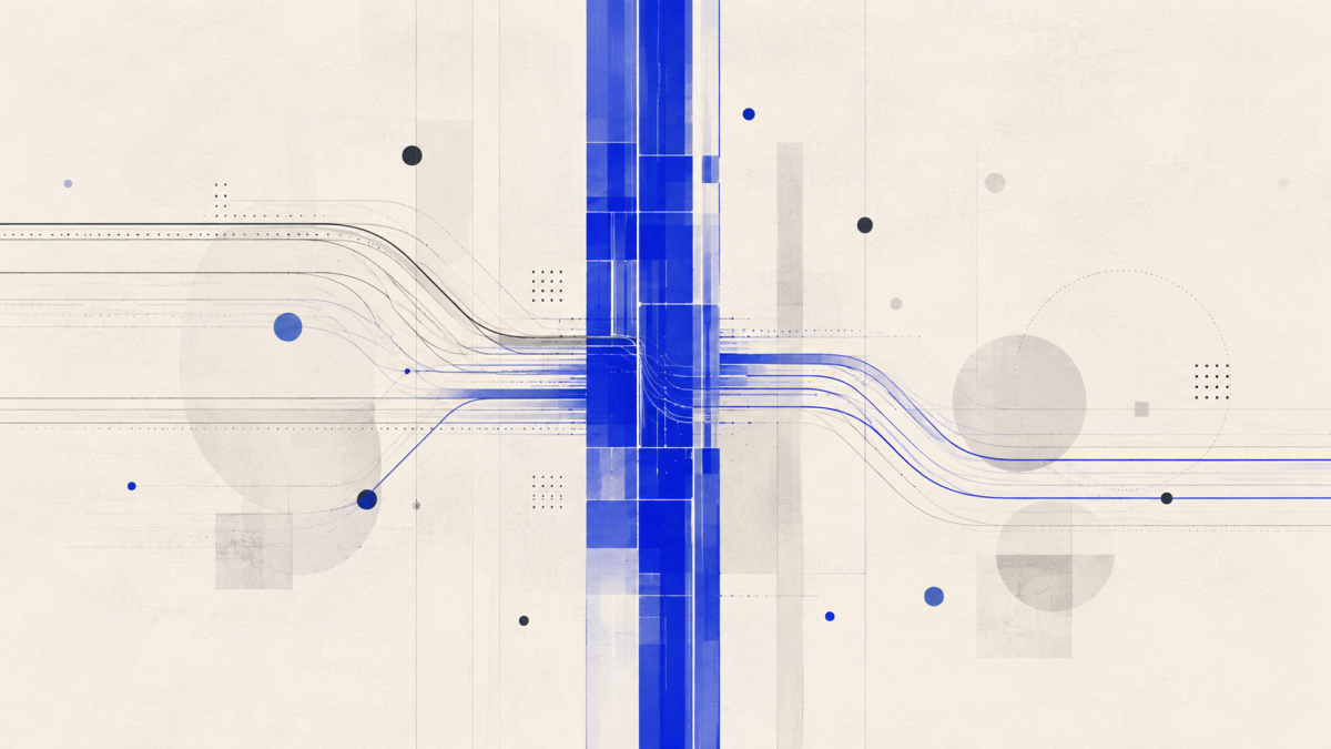 Abstract cobalt structural spine connecting multiple flowing systems