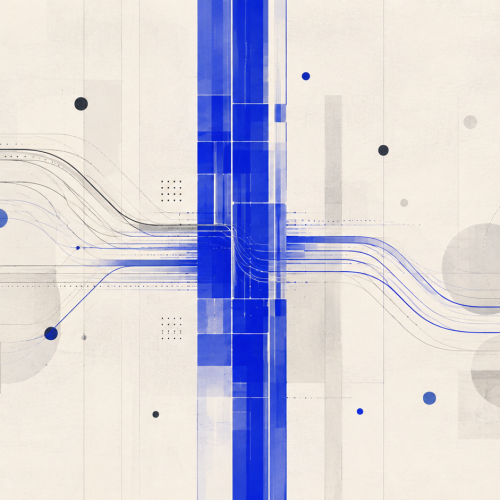 Abstract cobalt structural spine connecting multiple flowing systems