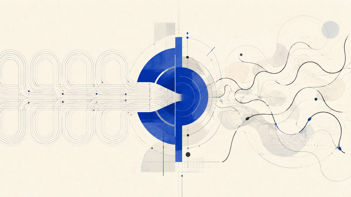 Abstract repeating loops entering a cobalt mechanism while irregular paths remain open