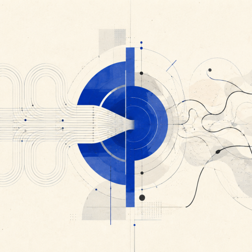 Abstract repeating loops entering a cobalt mechanism while irregular paths remain open