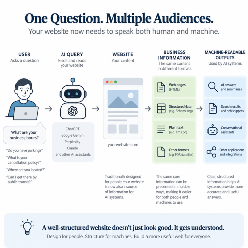 Infographic showing a user question moving through an AI assistant to a website, structured business information, and machine-readable outputs